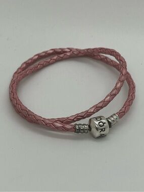 Pandora 925 ALE Pearlescent Pink Braided Leather Wrap Bracelet | 14.5”